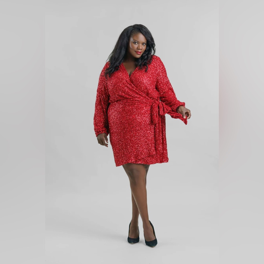 Never Fully Dressed‎ Sequin Wrap Scarlet Red Mini Dress Cocktail Party Festive